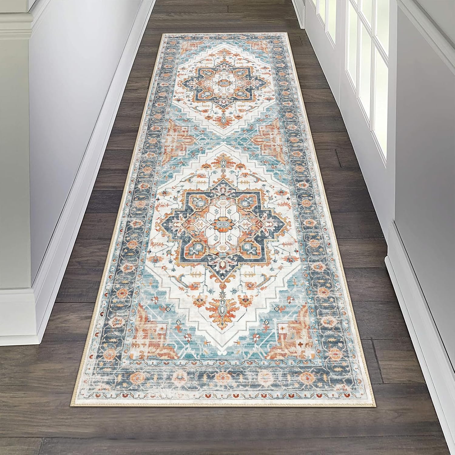 Pauwer Vintage Floral 2x6 Runner Rug, Non Slip Hallway Rug Runner, Blue
