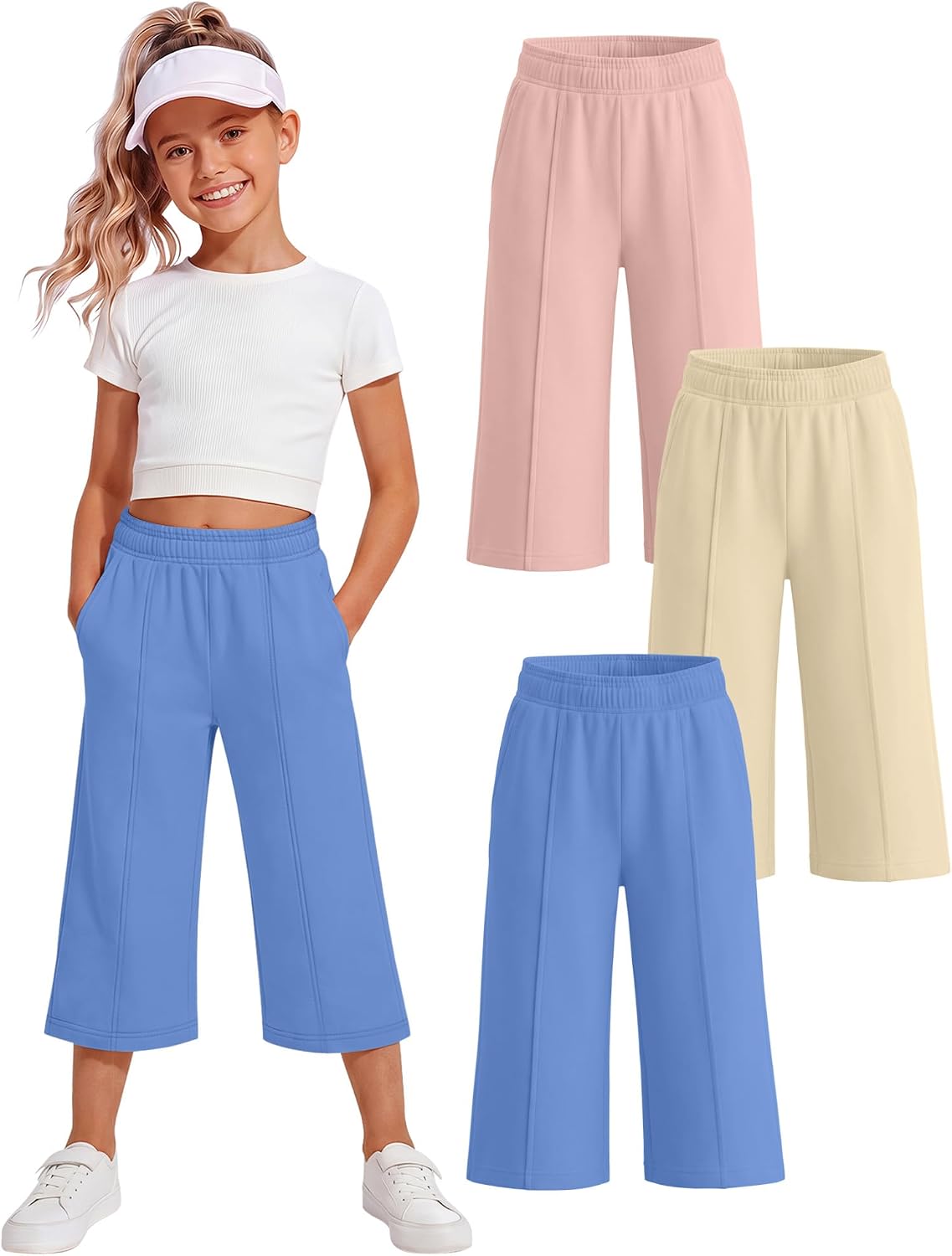 3 Pack Girls Capri Pants with Pocket, Summer Wide Leg Pants, Back to School Clothes for Kids Teen 5-14 Y