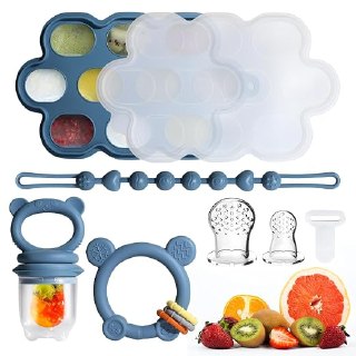 PR!CE DROP ( ) Baby Fruit Food Feeder & Breastmilk Popsicle Molds for Teething Relief, Baby Feeding Sets, 1 Freezer Tray with Lid & 1 Teether Toy & 1 Silicone Teething Pacifier Feeder, Extra Food Pouches (Blue)