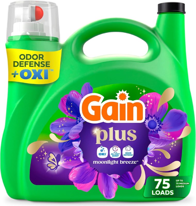 STACKING PROMOS Gain Plus Liquid Laundry Detergent, Cleaner, Fresher, Now with Oxi, Moonlight Breeze Scent, 99 fl oz, 75 Loads CLICK (ONE TIME PURCHASE) AND