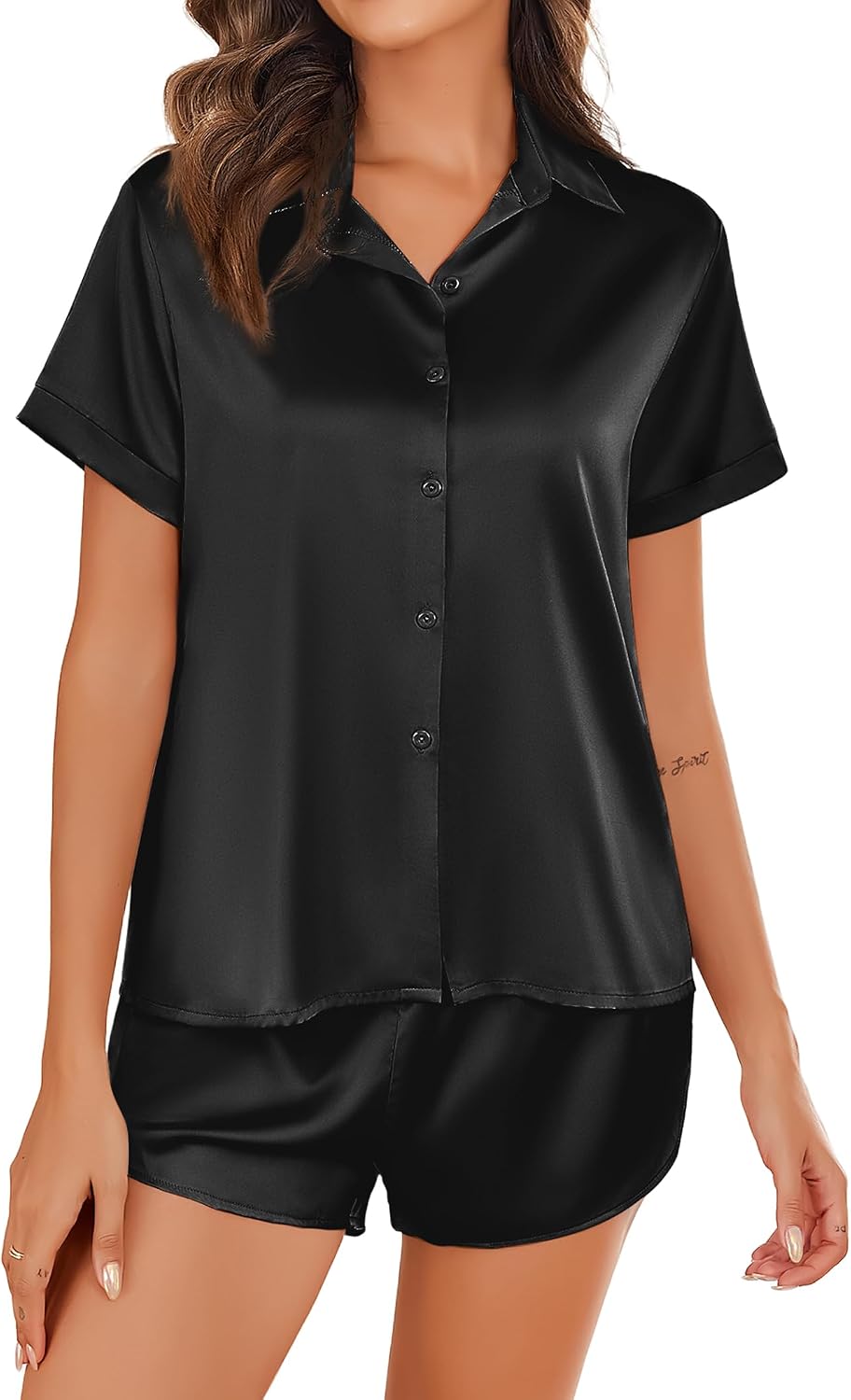 Ekouaer Black Silk Pajamas