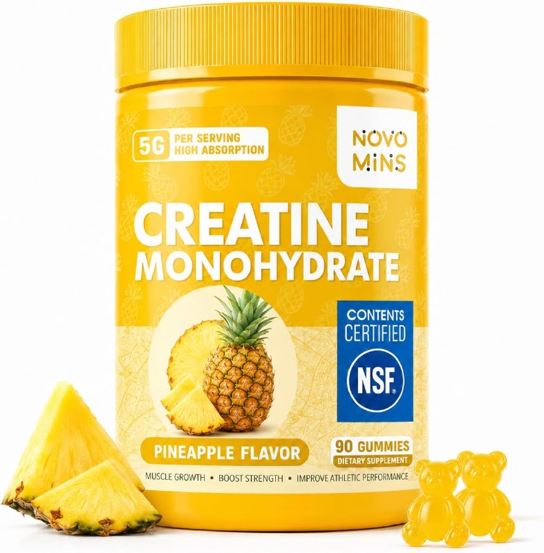 novomins Creatine Monohydrate Gummies for Men & Women, Chewables Creatine Monohydrate for Muscle Strength, Muscle Builder, Energy Boost, Pre-Workout Supplement(90 Count)-Pineapple Flavor
