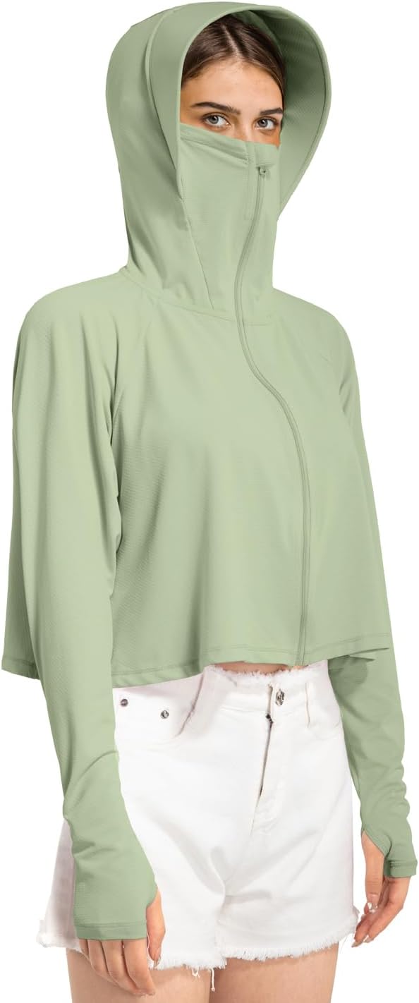 Locachy Womens UPF 50+ Sun Protection Jacket Lightweight Zip up Outdoor Running Hiking Hoodie with Face Mask Grey Green XL