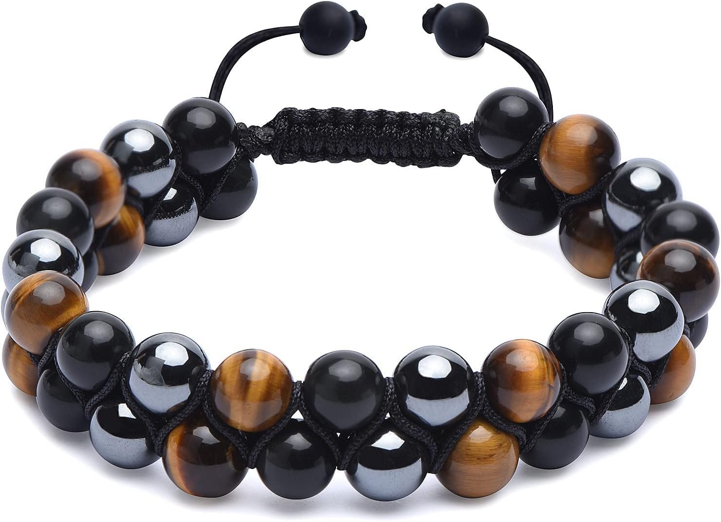 Triple Protection Bracelet, Healing Crystals Tigers Eye Black Obsidian Hematite 8mm Beads Bracelet for Men Women, Elastic Adjustable Crystal Jewelry Stone Bracelets Gifts for Men Women, Spiritual Healing(Exquisite Box/Pouch)