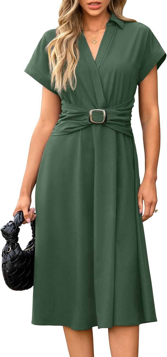 Newshows Women's Botton Down Midi Summer Business Casual Dress with Pockets
