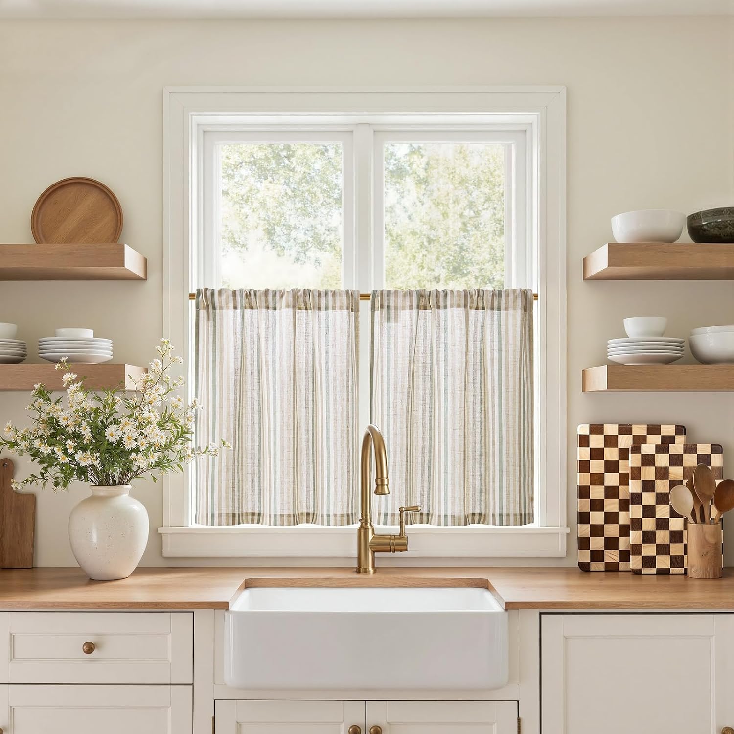 Jinchan Striped Linen Kitchen Curtains
