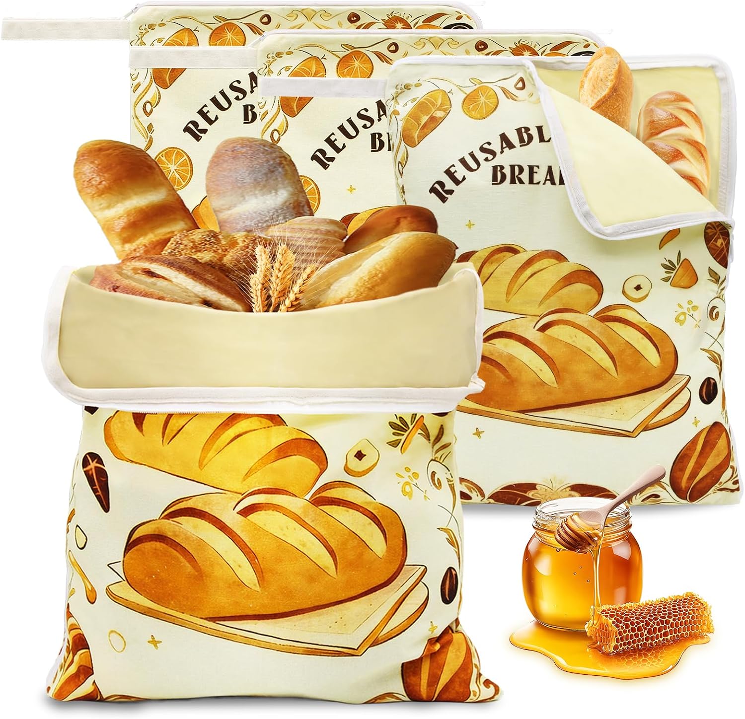 4 Pack XL Beeswax Bread Bags with Zipper, Reusable Bread Bag