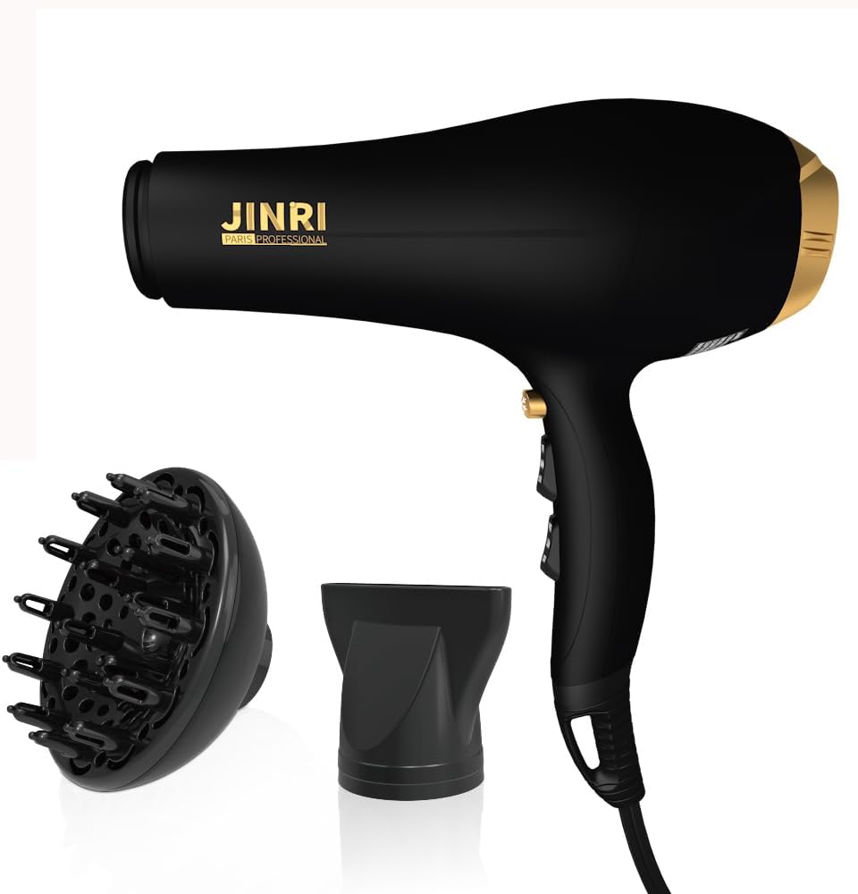 JINRI Hair Dryer, 2000W, 3 Heat & 2 Speed, Detachable Air Intake, with Diffuser, with Concentrator, Hanging Strap, Non-Foldable, Black
