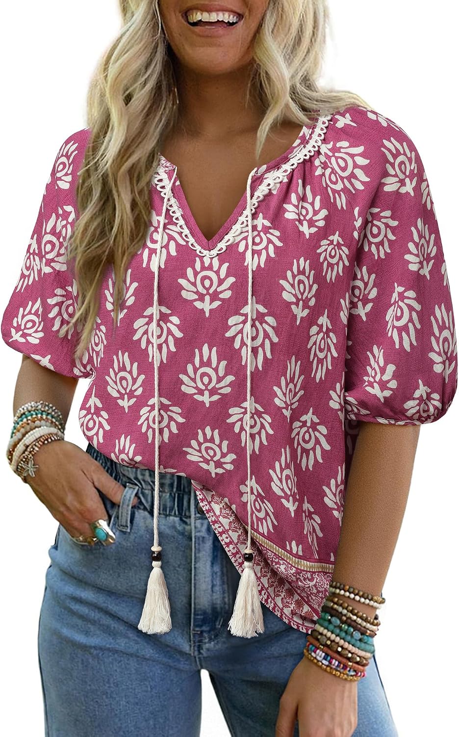 Vivilli Womens Summer Boho Tops Casual V Neck Short Sleeve Blouses Floral Printed Shirt Tie Front Flowy Vacation Clothes