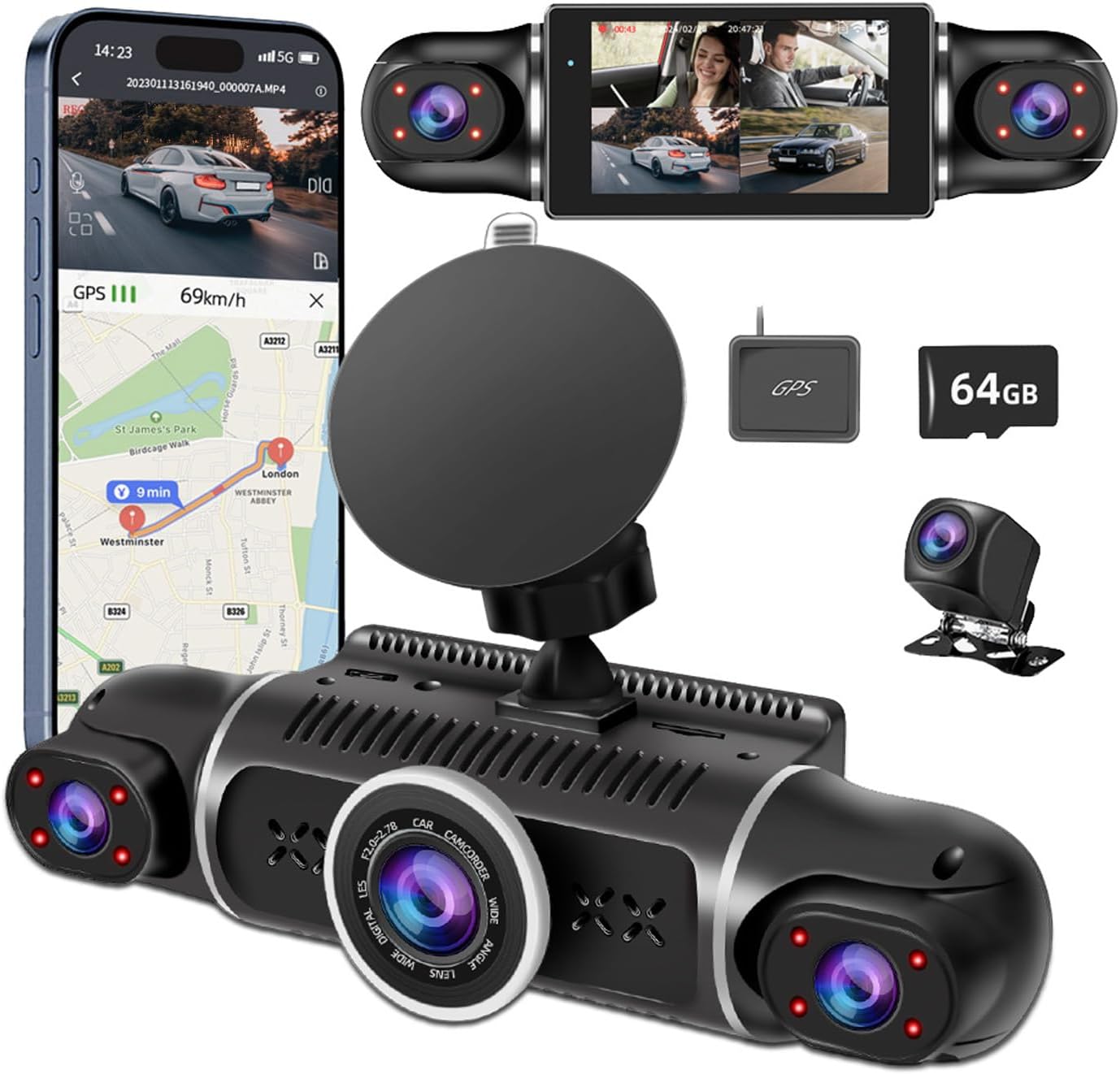 360 Dash Cam Front and Rear View 4 Channel Dash Camera FHD 2K+1080Px3 for Car, Inside/Back 170 +2x150 +170 Wide Angle, 8 IR Lamps Night Vision,WiFi,GPS, APP,G-Sensor with 64GB Card,24/7 Parking Mode