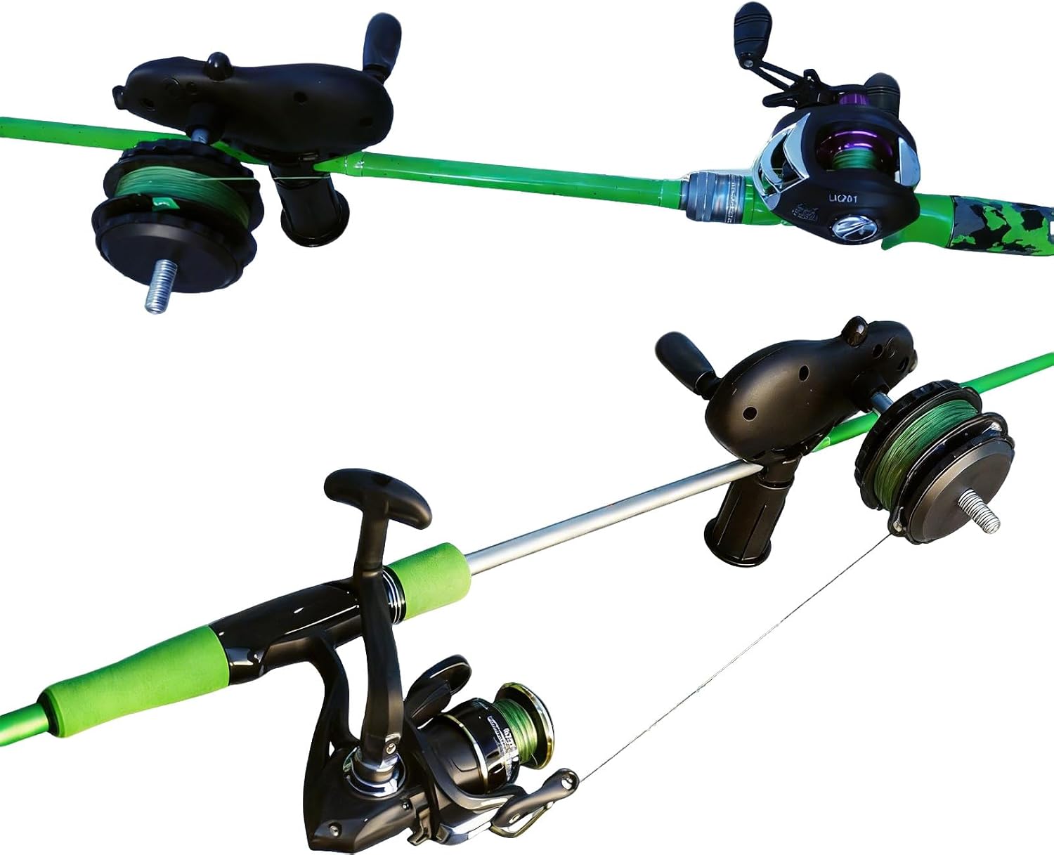 Black Pig-Shaped Fishing Line Winder Spooler, All-in-One Portable Fishing Reel Spooling Station for Spinning, Casting Reels, Clamp-on Rod or Desk Mount, Anti-Twist, Multi-Function