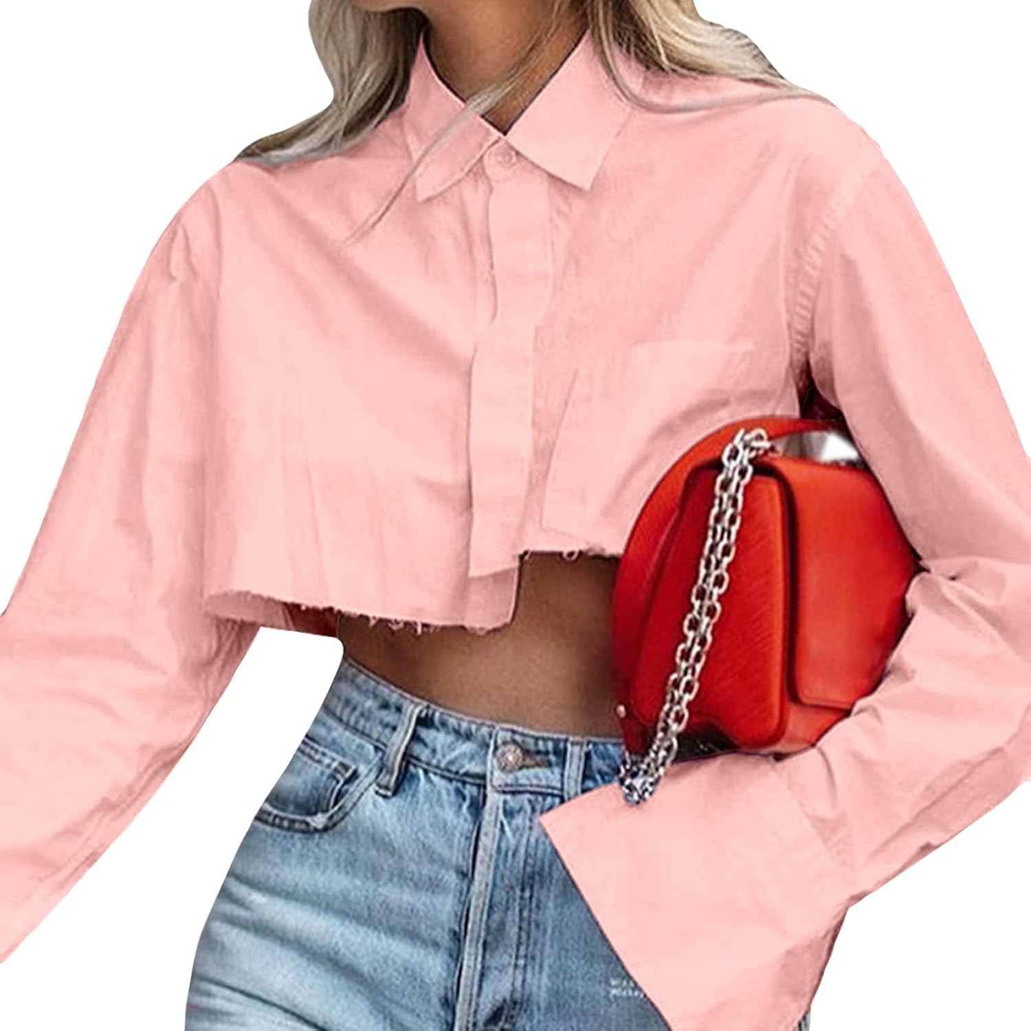 Women Cropped Button Down Shirt Asymmetric Hem Long Sleeve Collared Blouse Top