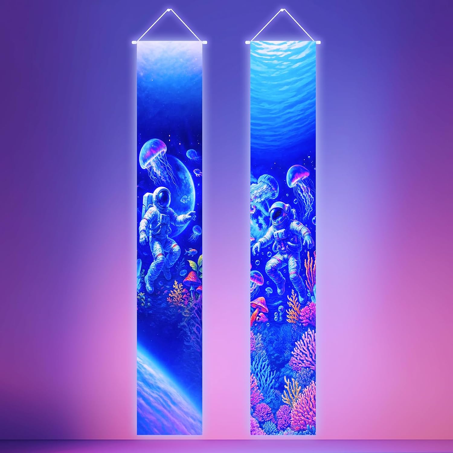 HOMETITUTE 2 Pieces Blacklight Tapestry Astronaut Jellyfish and Coral Reef Vertical Wall Hanging Banner with UV Reactive Underwater Space Design 12 x 71 Inch for Glow Party Decor