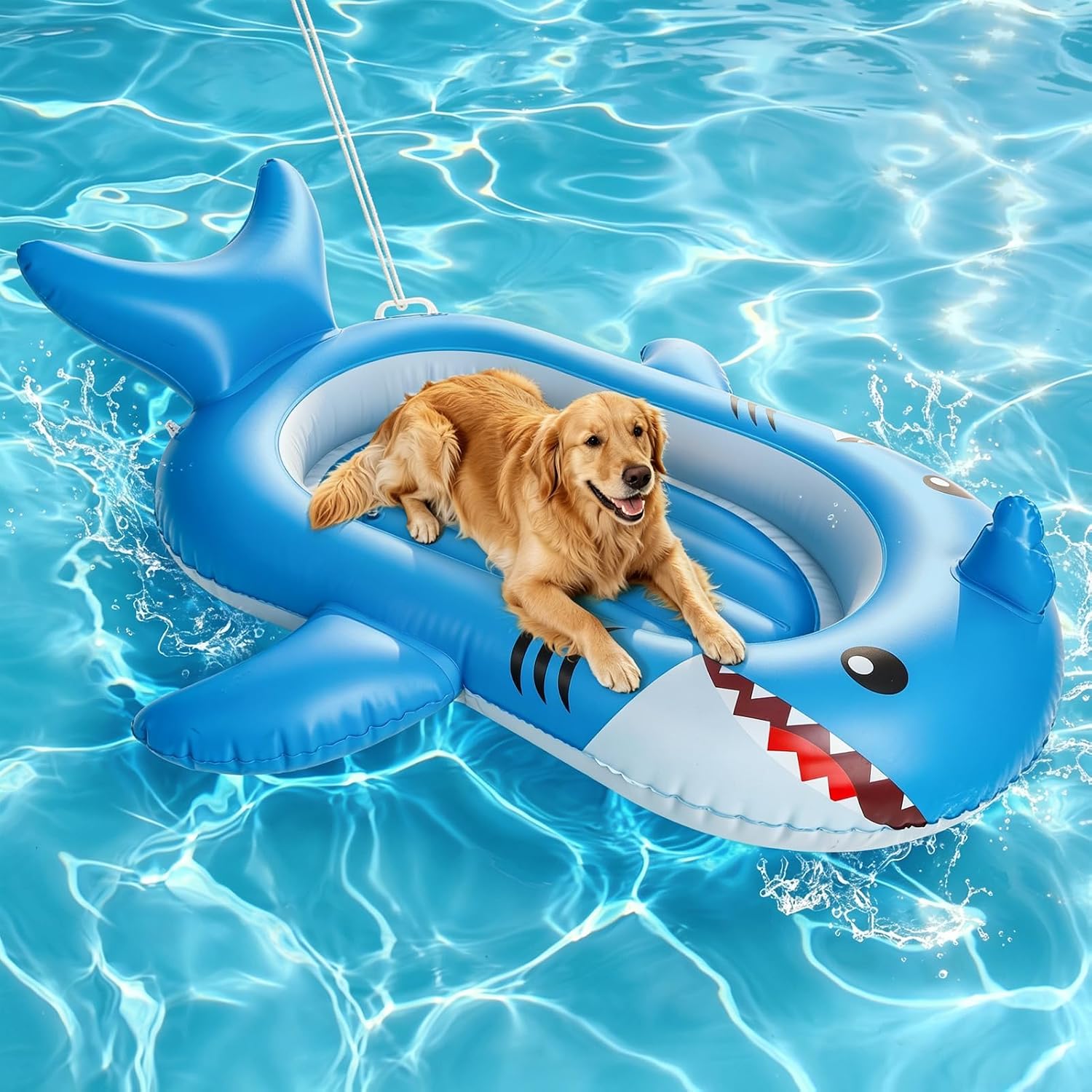 BINGPET Dog Pool Float, Inflatable Shark Dog Raft with Rope, Durable Pet Water Float for Small Medium Large Dogs, Summer Floating Bed for Swimming Pool Lake River Beach