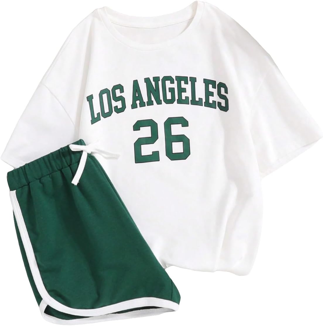Floerns Girl's 2 Piece Outfits Graphic Print Drop Shoulder Tee & Contrast Binding Track Shorts Clothing Set