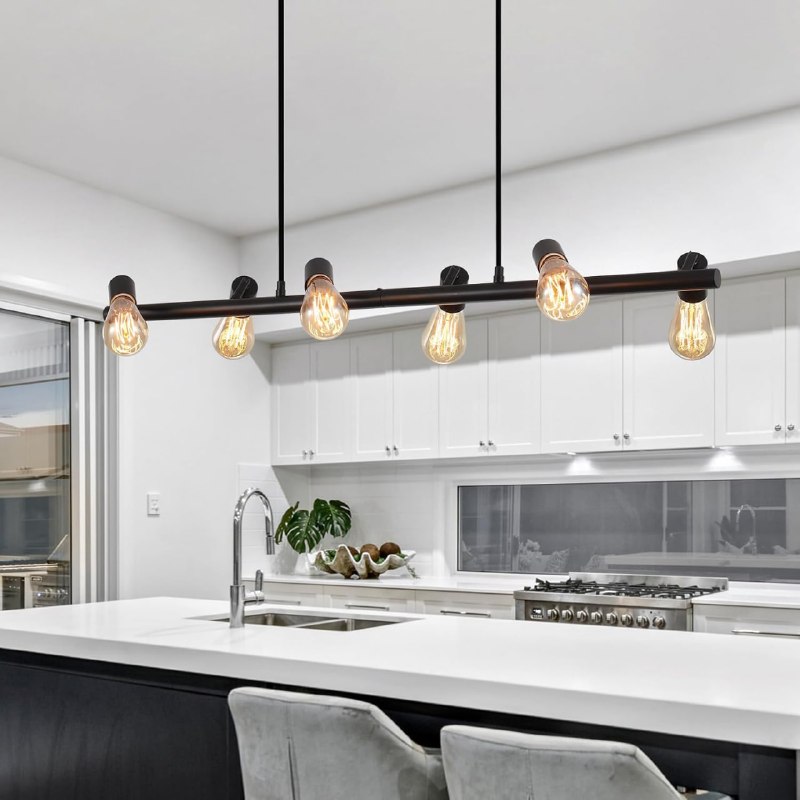 CLIP COUP0N ( ) Black Dining Room Light Fixture Over Table, 6-Light Modern Linear Chandelier Farmhouse Rustic Lighting with Adjustable Height Metal Industrial Island Lights for Kitchen Living Room