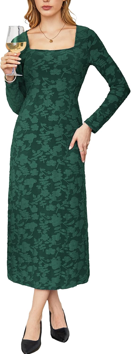 Kikibell Women's Floral Mesh Bodycon Maxi Dress Elegant Formal Wedding Guest Cocktail Dress Fall Fashion 2026 Dark Green,S