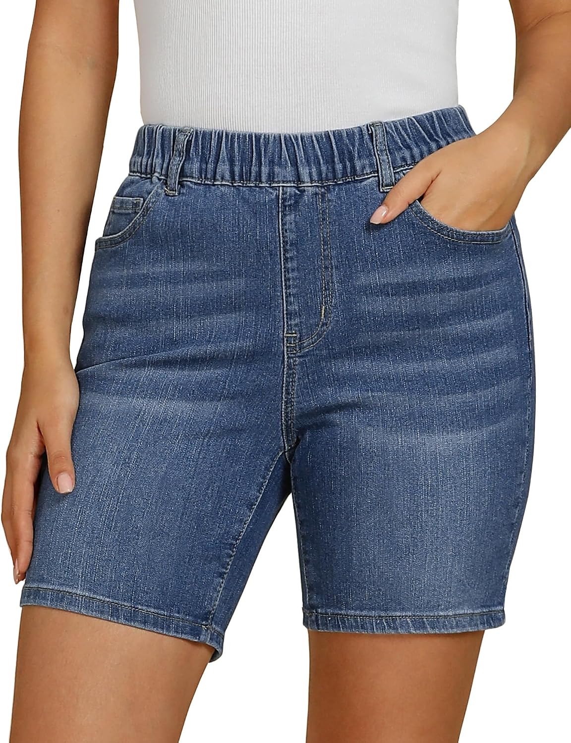Vetinee Jean Shorts for Women Pull On Elastic Waist Mid Rise Trendy Summer Jorts Stretch Long Denim Shorts 7 Inch Inseam