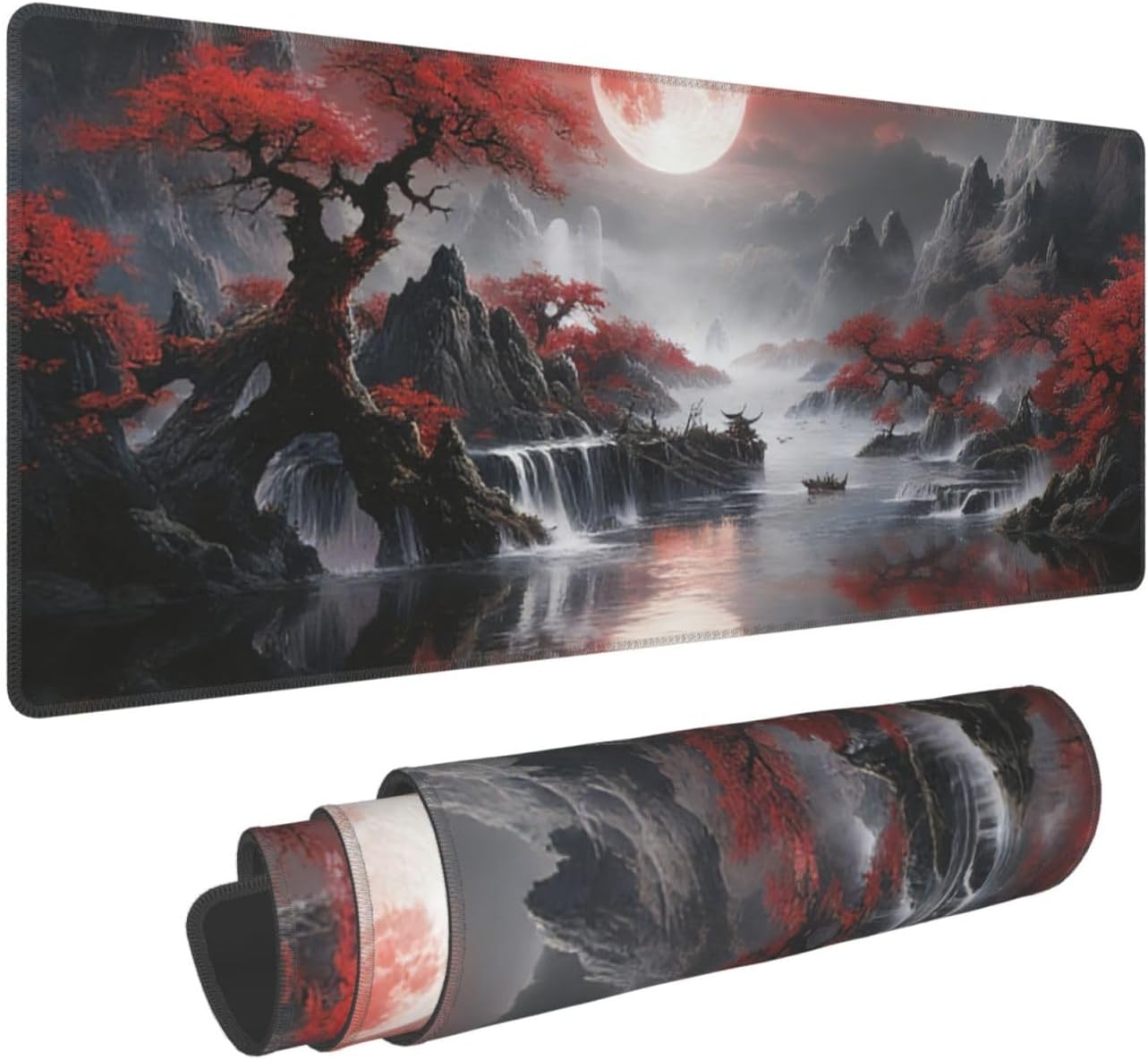 Gaming Mouse Pad, Large Japanese Full Moon Mousepad Laptop, Extended Mouse Mat, Long XL Waterproof Keyboard Pads, Big Non-Slip Mousepads for Game Office Home, 31.5 x 11.8 in