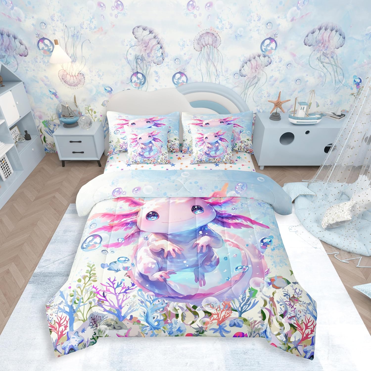 Feelyou Boys Girls Cute Axolotl Comforter Set with Sheets Full Size, Ocean Sealife 7 Pieces Bedding Sets Kids Kawaii Bed in A Bag Cartoon Salamander Bed Set
