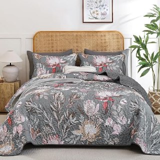 PR!CE DROP ( ) Dintszyayue Quilt King Size Grey, 3 Pcs Boho Floral Bedspread Bedding Set