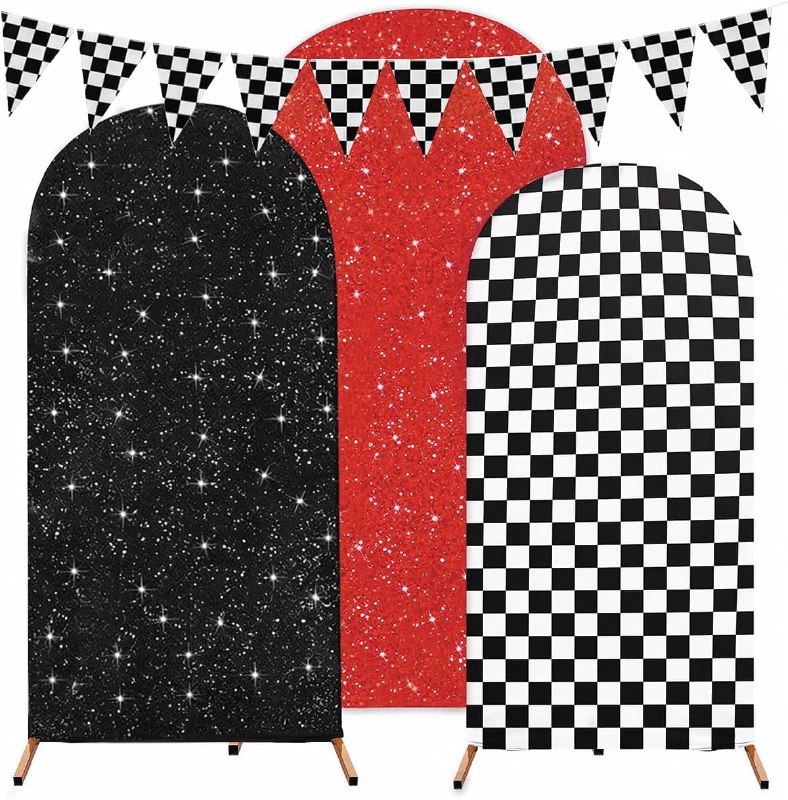 3PCS Arch Backdrop Cover Set (4,5,6FT) for Monster Truck Car Birthday Party Decorations, Boys Race Car Theme Background with Checkered Arch Covers