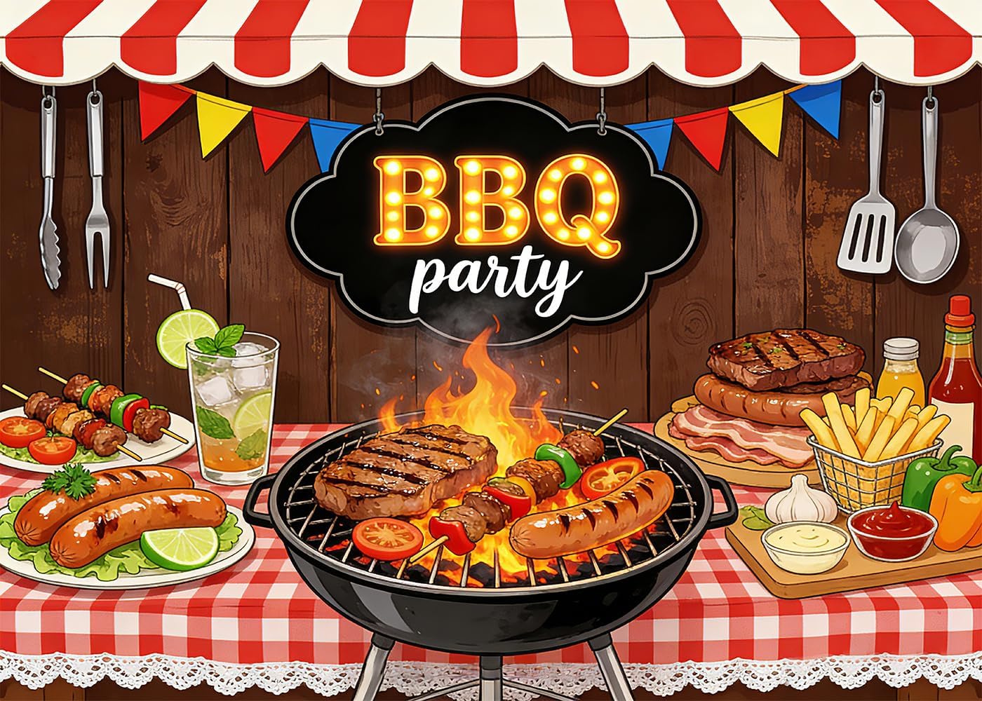 7x5FT BBQ Party Backdrop Backyard BBQ Party Decorations Grilled Meat Sausages Sunshade Canopy Barbecuing Background for Family Outdoor BBQ Birthday Party Decor