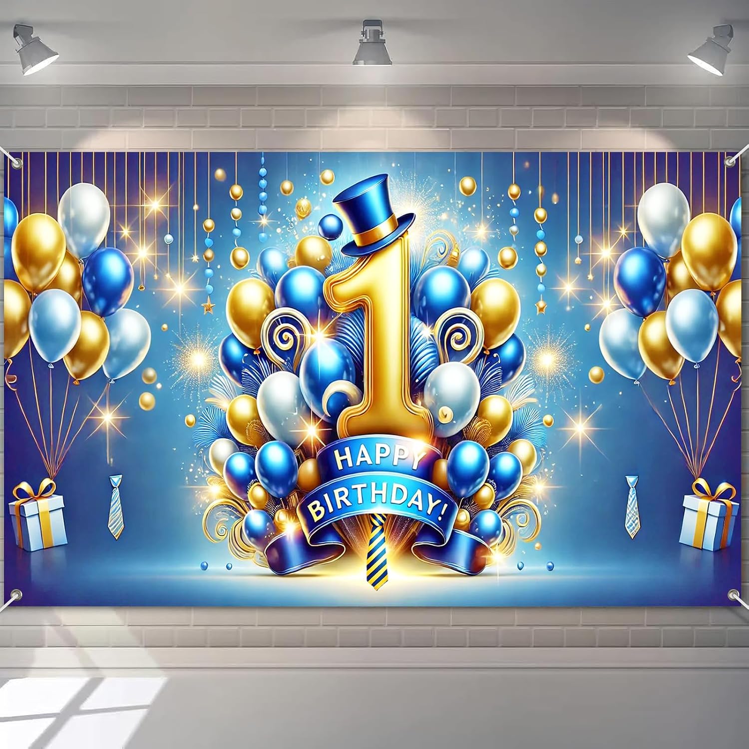 Blue 1st Birthday Banner, 71x43 Inch Polyester Wall Decor