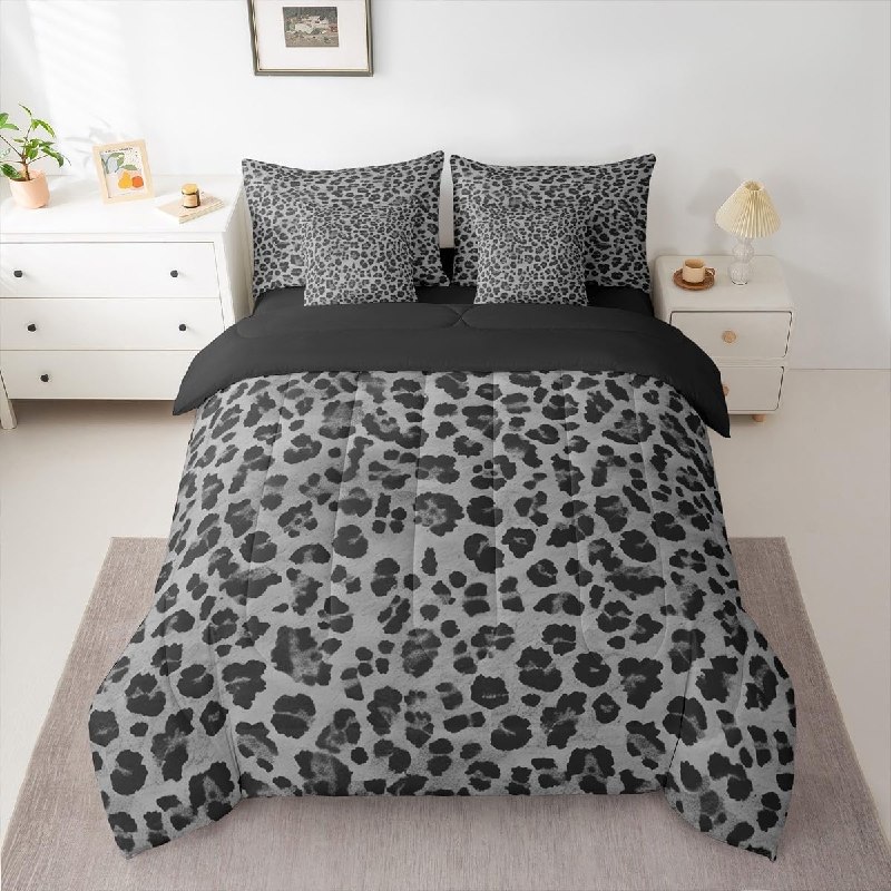 Feelyou Gray Leopard Comforter Set King Size 7 Pieces Cheetah Fur