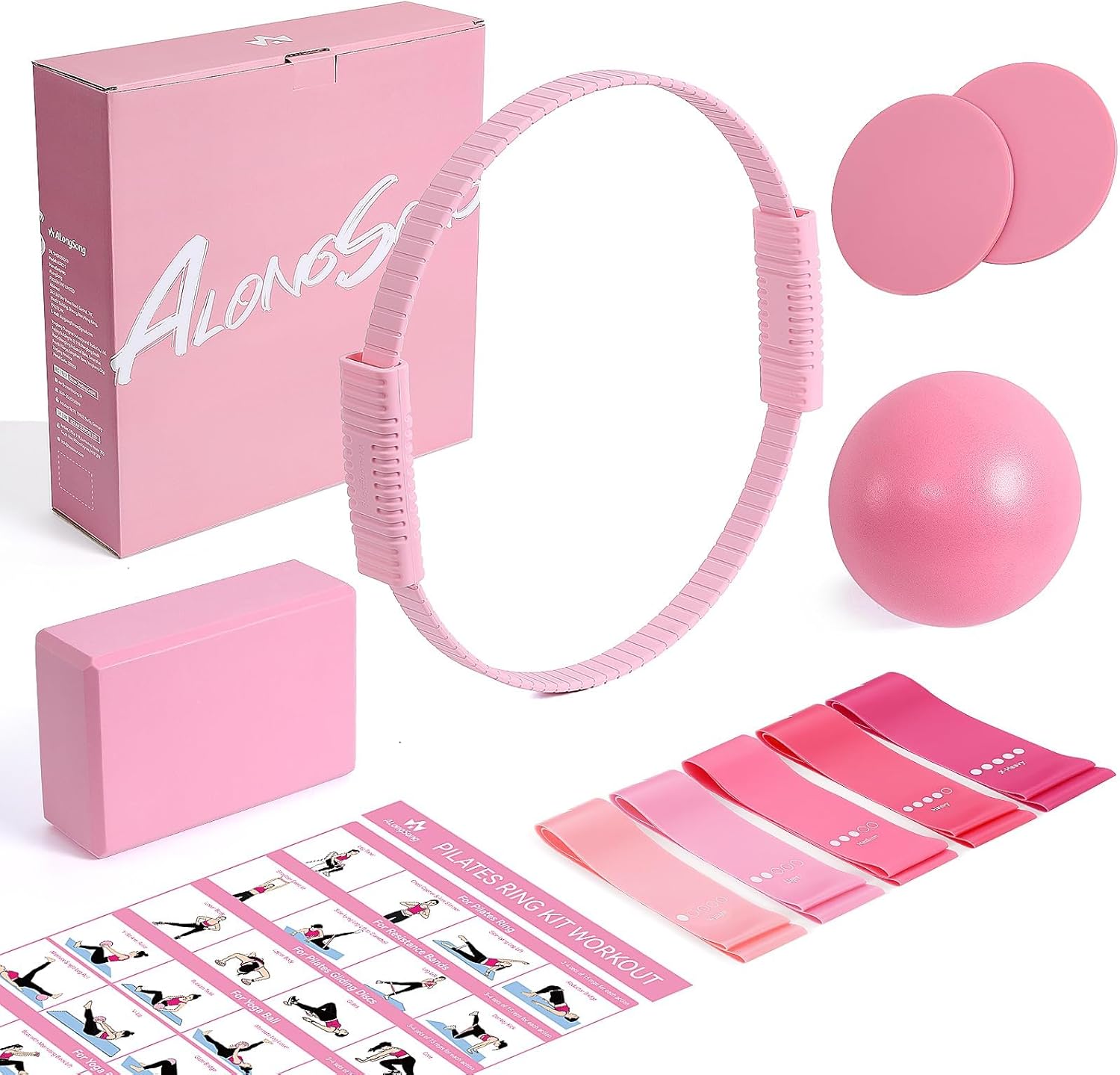 ALongSong Pilates Kit for Women, 13.7in Silicone Pilates Ring with 5 Resistance Bands, 1 Pilates Ball, 1 Pilates Block, 2 Core Sliders, Video Guide for Full Body Home Workouts