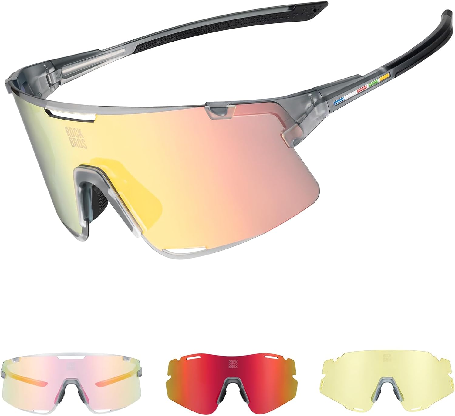 ROCKBROS Cycling Glasses Sports Sunglasses with 3 Interchangeable Lenses