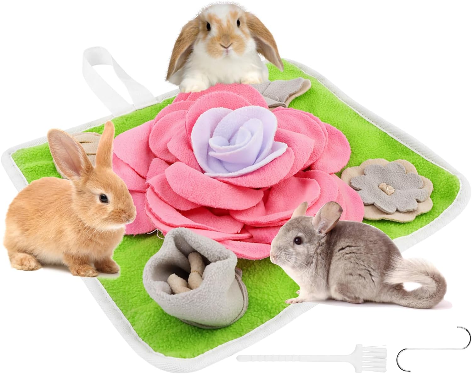 Rabbit Foraging Mat, Interactive Feed Game for Boredom, 13" × 13" Soft Pet Feeding Mat Toy for Rabbits, Guinea Pigs and Puppies, Includes Cleaning Brush & Stainless Steel Hook
