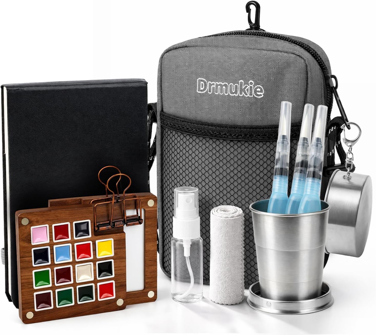 Mini Watercolor Paint Set 15-Color Walnut Wood Travel Paint Kit with Bag