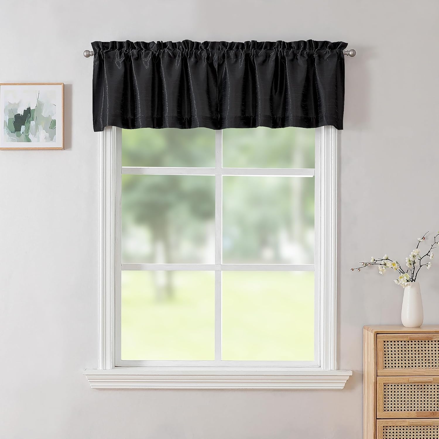 Uptown Black Valance for Window, Faux Silk Room Darkening Slub Fabric Small Kitchen Window Valance for Farmhouse Bedroom Basement Bathroom Toppers Windows, 60Wx14L Inch