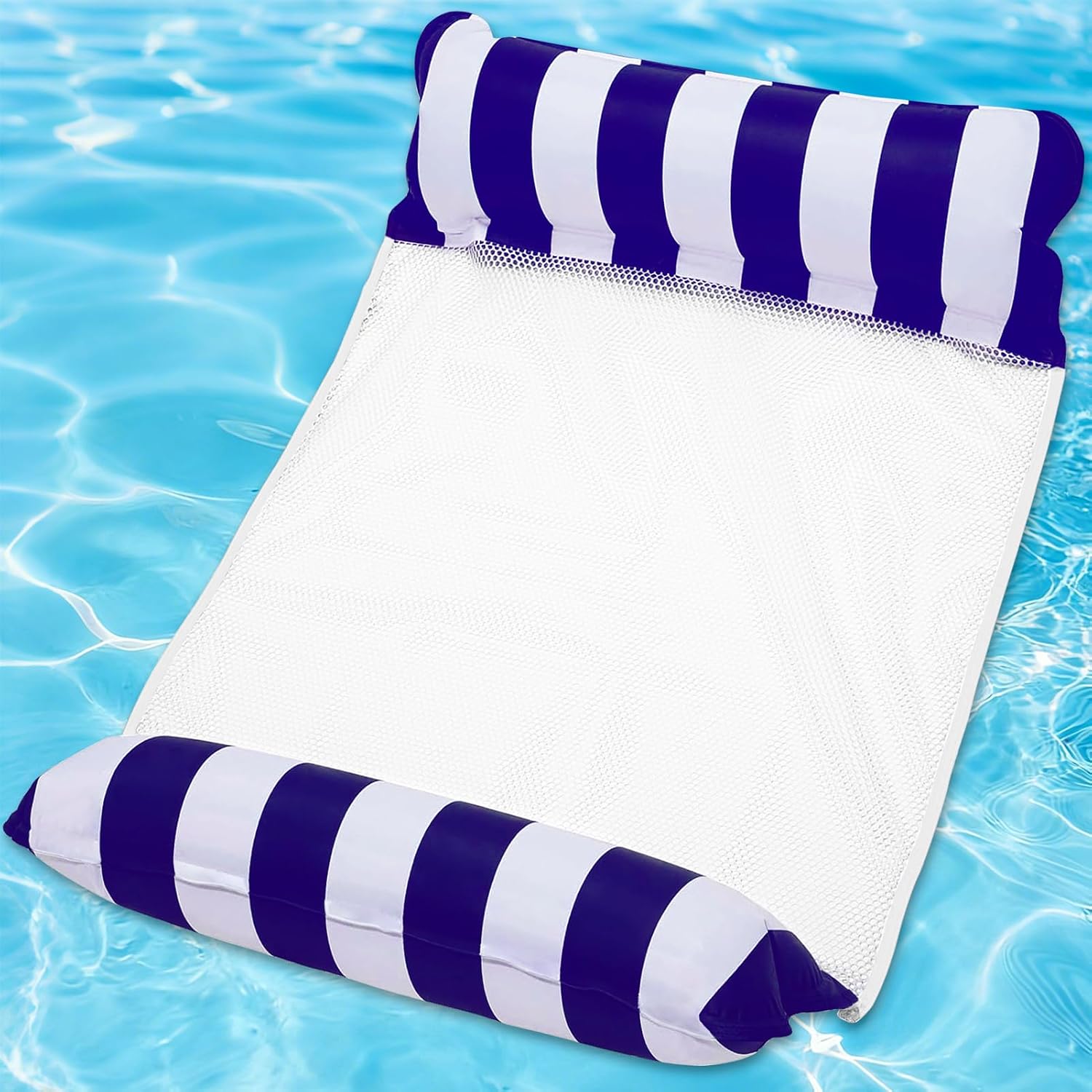 Inflatable Pool Float Hammock for Adults – 4-in-1 Floating Water Lounger with Headrest & Footrest – Portable Mesh Floatie for Pool, Beach, Lake – Navy & White Striped Water Hammock Chair