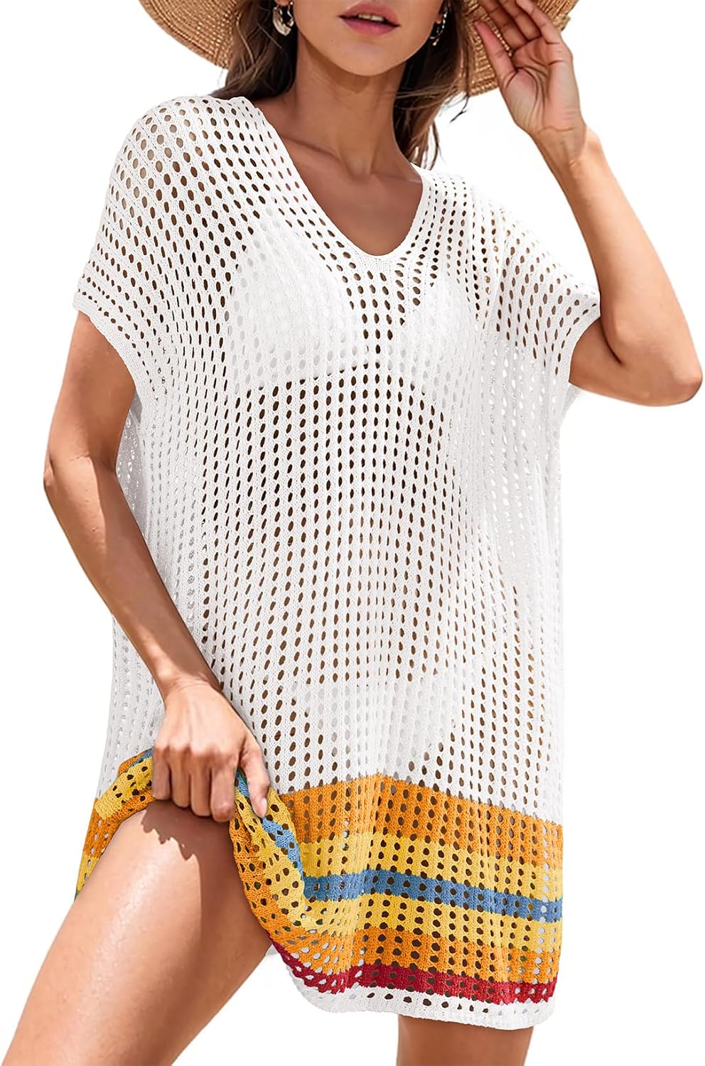 Dokotoo Women's Swimwear Beach Bikini Swimsuit Color Block Cover-ups Crochet Striped Side Split Mini Dress