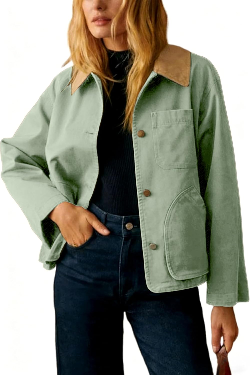 Women Crop Barn Trench Coat Long Sleeve Button Down Oversized Jacket