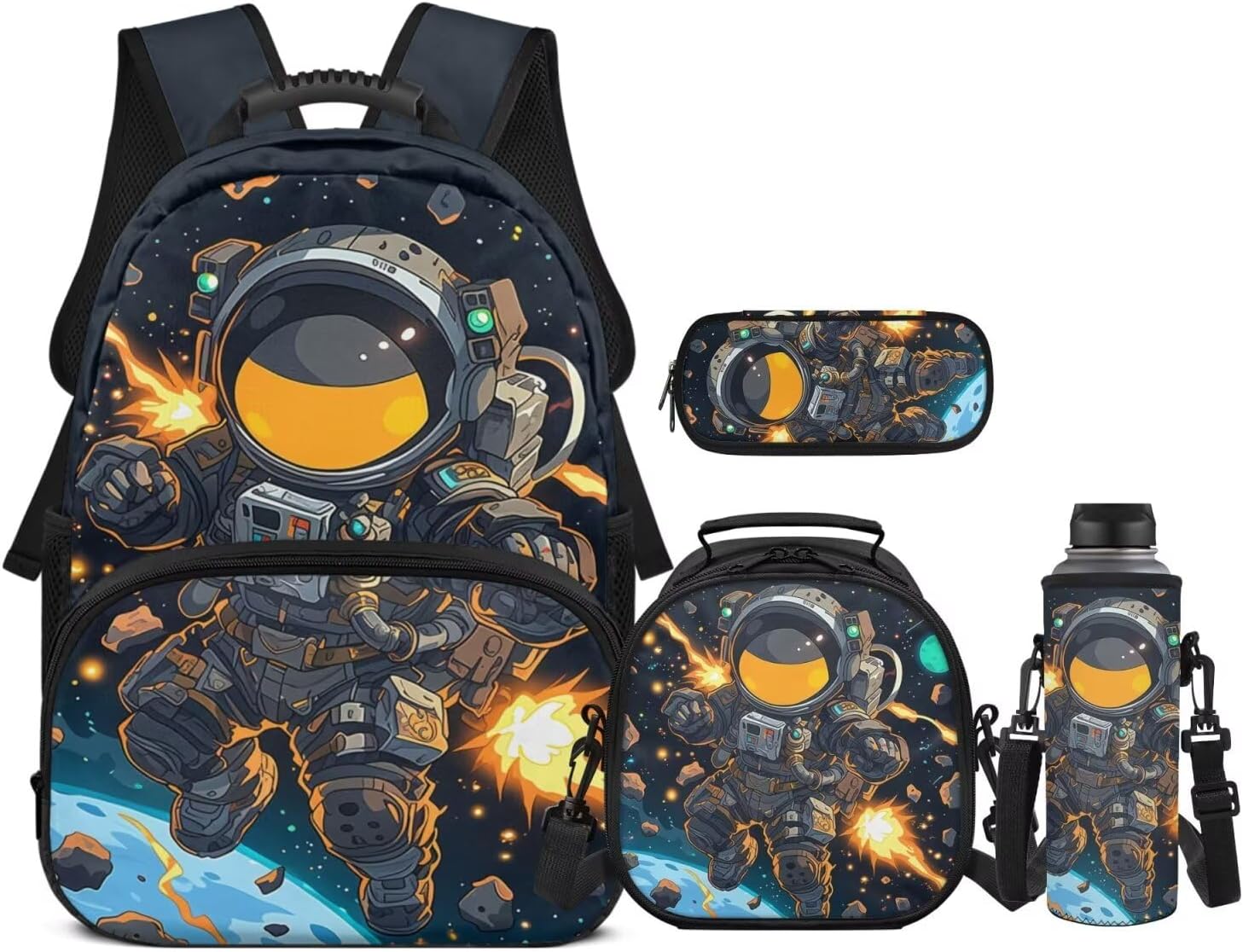 Astronaut Backpack for Boys Kids Backpack with Lunch Box Water Bottle Carrier and Pencil Case Pouch 4Pcs Set 17 Inch Bookbag with Front Pocket Lightweight Sturdy School Bag with Compartments