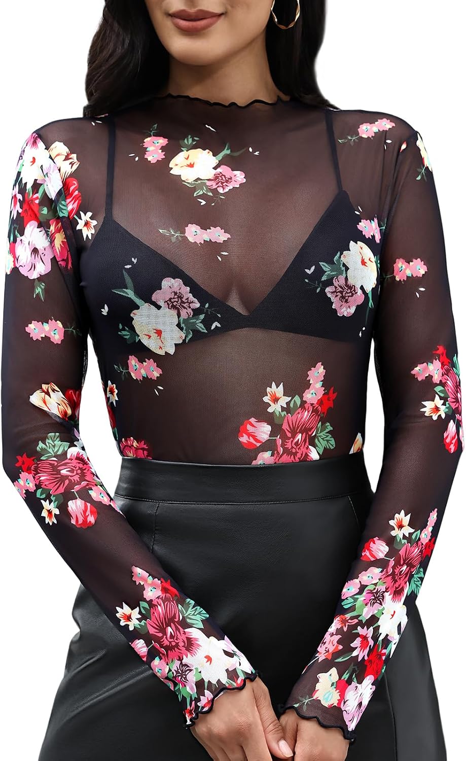 Mesh Long Sleeve Lace Tops