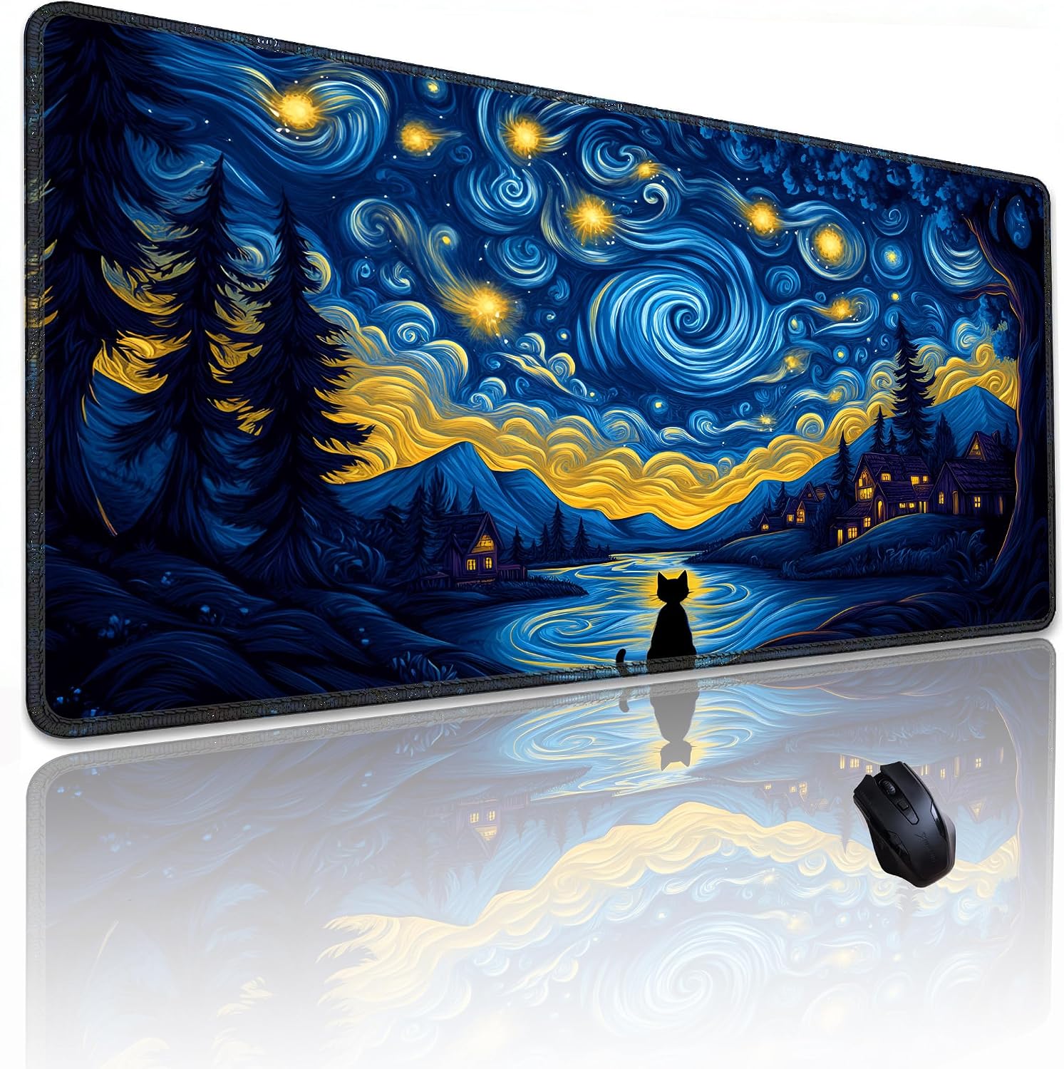 Van Gogh Cat Mouse Pad, Large Gaming Starry Night Desk Mat