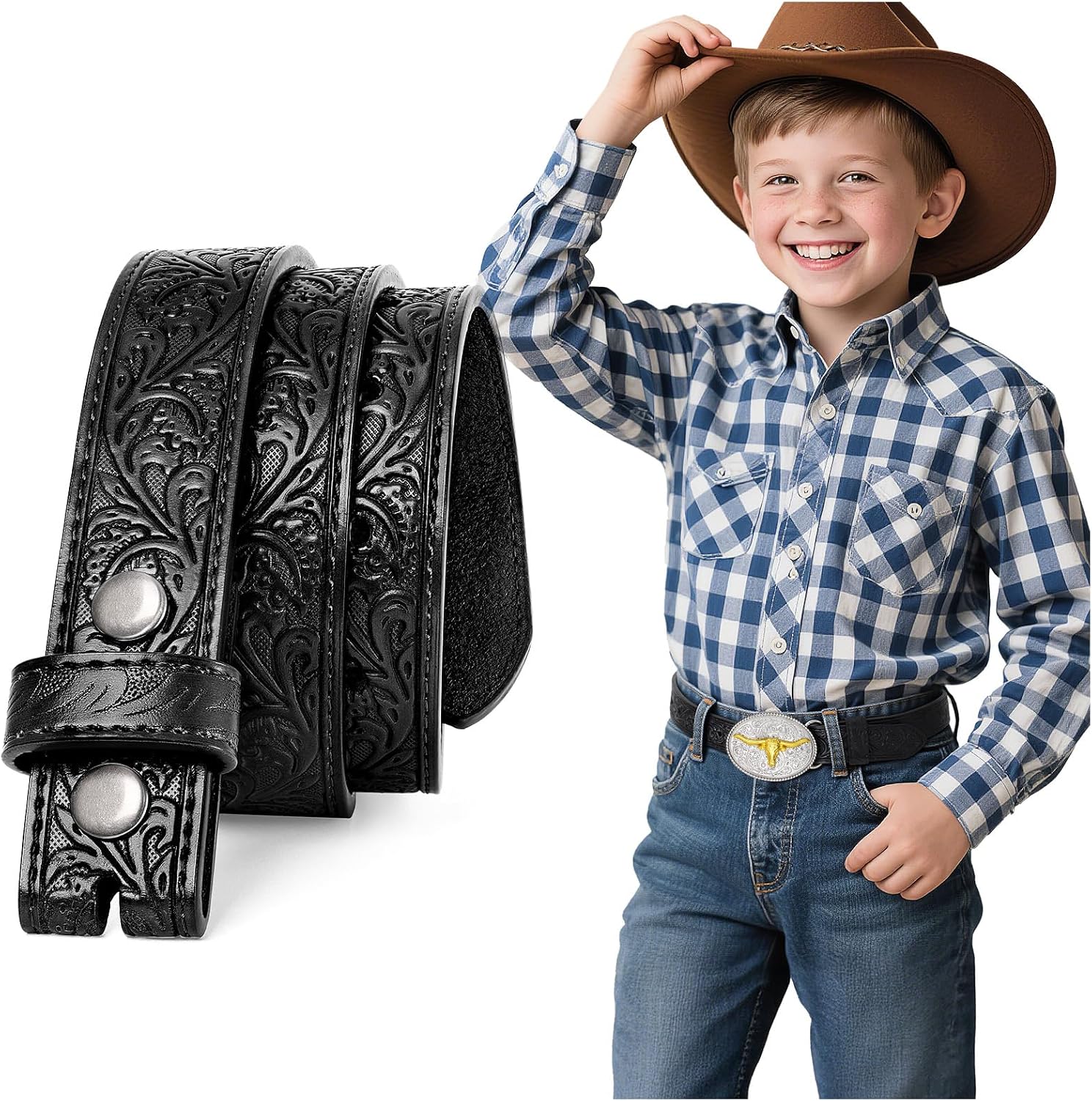 BELTROAD Western Belt Strap for Kids Boys Girls Toddler Genuine Black Leather Belt Cowgirl Cowboy Kids Western Belts for Jeans Gift