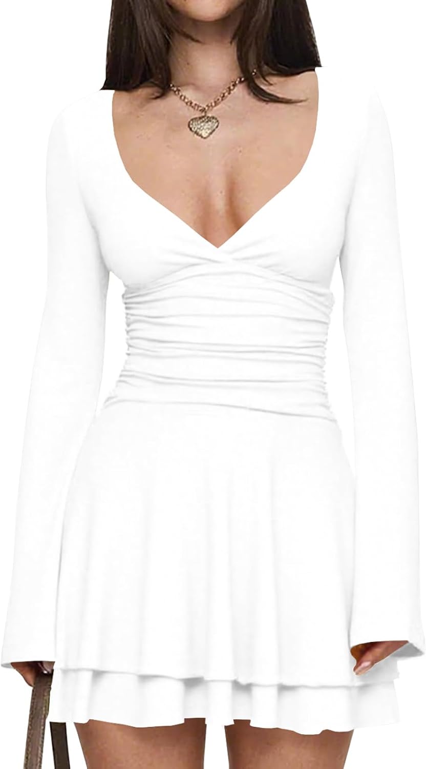 Misng V-Neck Ruffle Mini Dresses