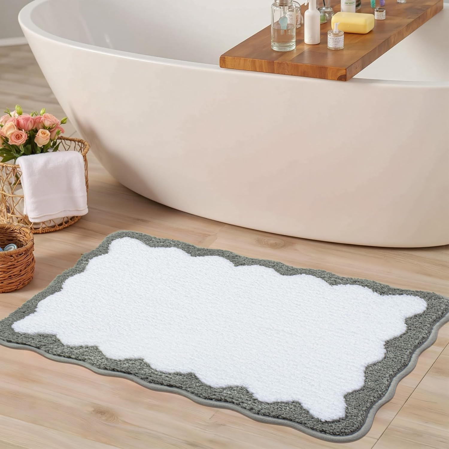 Gray & White Scalloped Bath Mats - Non Slip Plush Shaggy Bath Carpet - Soft, Absorbent Microfiber - Washable - Fun for Bathroom, Tub & Shower