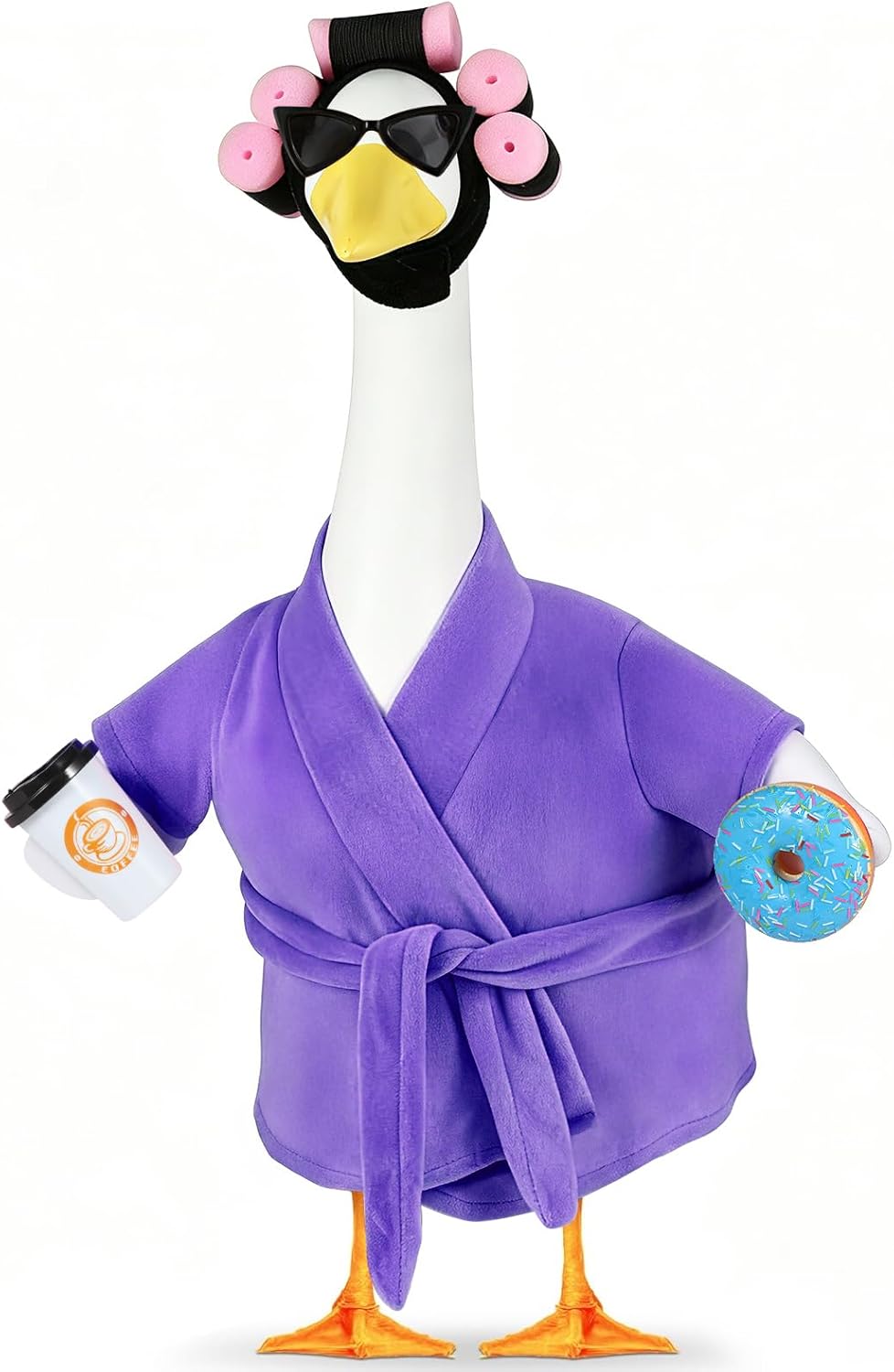 Porch Goose Outfits, Bathrobe Goose Outfit with Curlers Sunglasses Coffee Cup Donut, Hawaiian Beach Vacation Style Goose Clothes for 23'' Goose Statue, Lawn Yard Garden Patio Pool Party Decor (Purple)