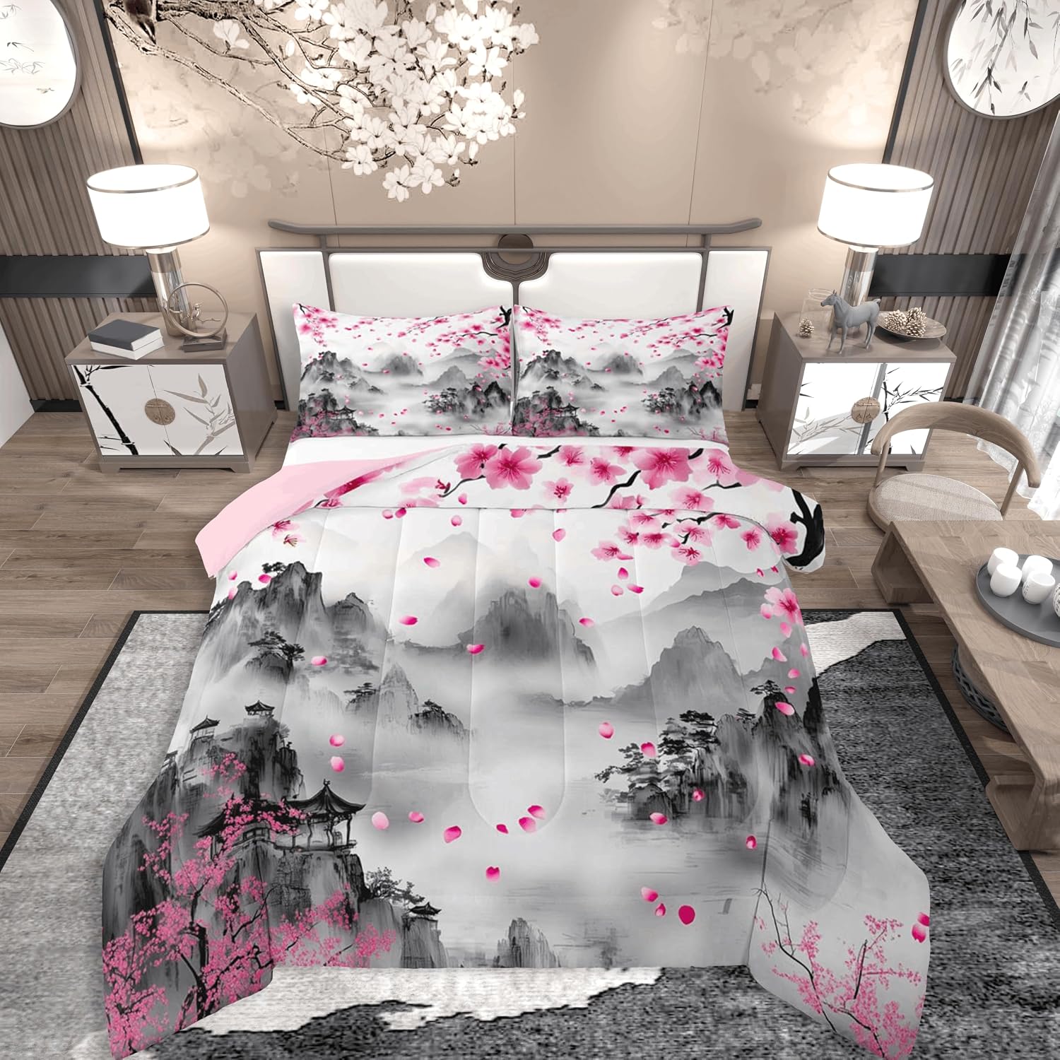 jejeloiu Chinese Ink Painting Comforter Set Queen Size Bedding Set for Kids