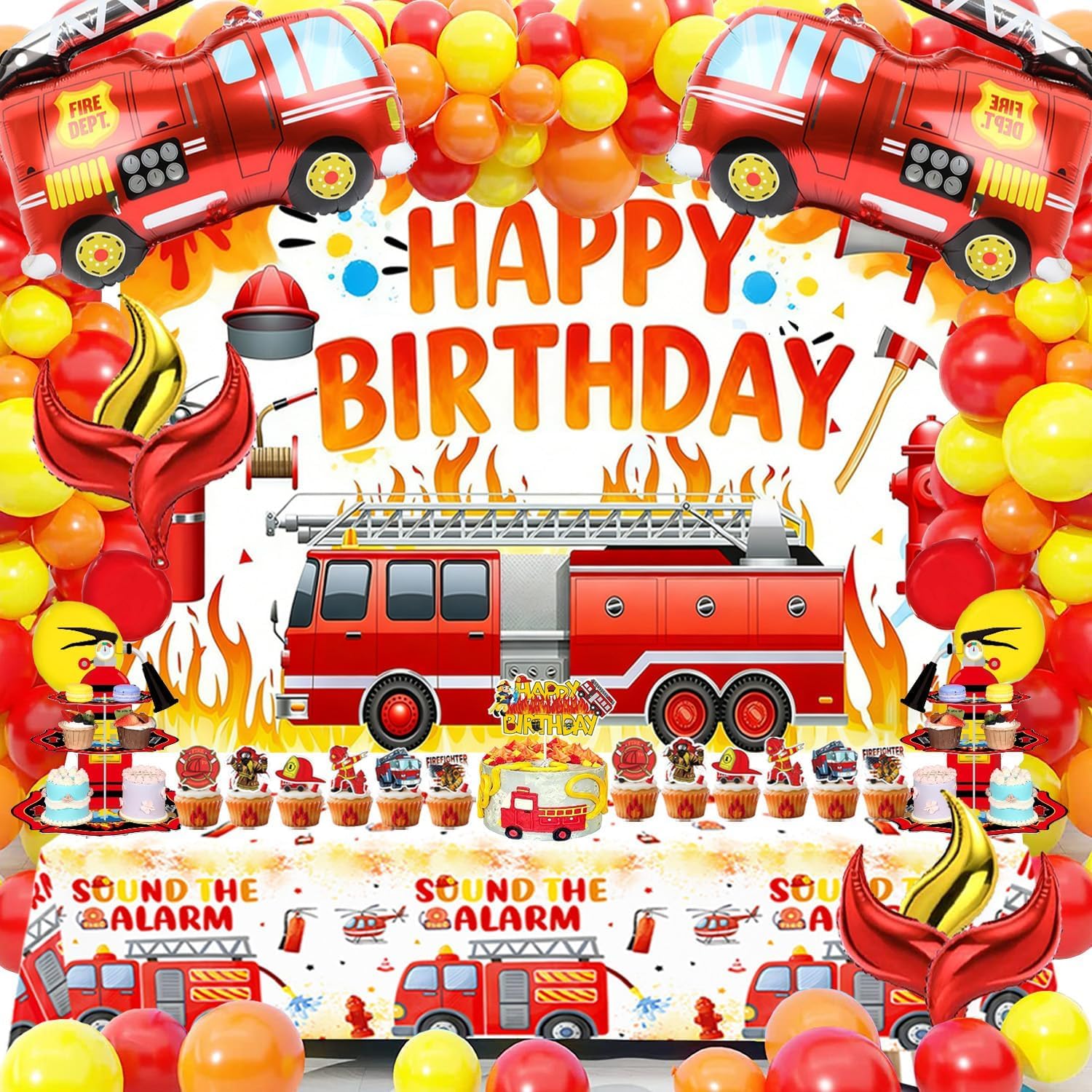 Fire Truck Birthday Party Decorations Kit – 69Pcs Set with Backdrop, Table Cover, Fire Truck & Flame Foil Balloons, Cake Toppers, Latex Balloons for Firefighter Rescue Party, Room Decor