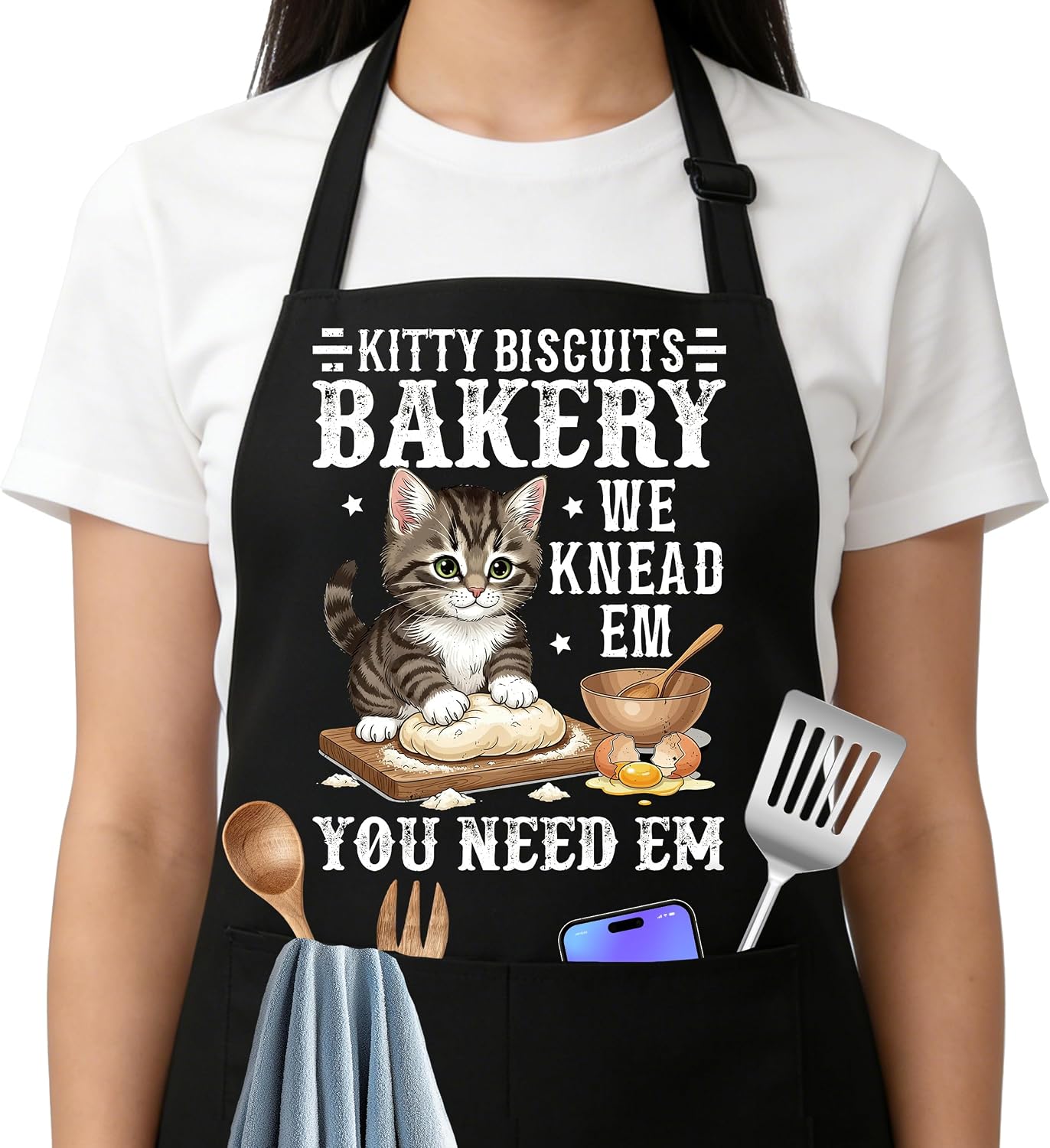Kitty Biscuits Bakery Sourdough Baking Apron for Women with Large Pockets - Funny Baking Aprons, Adjustable Kitchen Apron for Bread Making, Grilling - Unique Sourdough Gifts for Bakers & Moms - C13