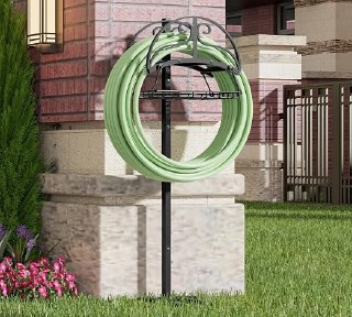 PR!CE DROP ( ) Freestanding Garden Hose Organizer with Storage Basket - Heavy-Duty Black Powder-Coated Hose Stand, Detachable Design Holds 150FT Hose, Includes Wrench & Screwdriver for Easy Assembly