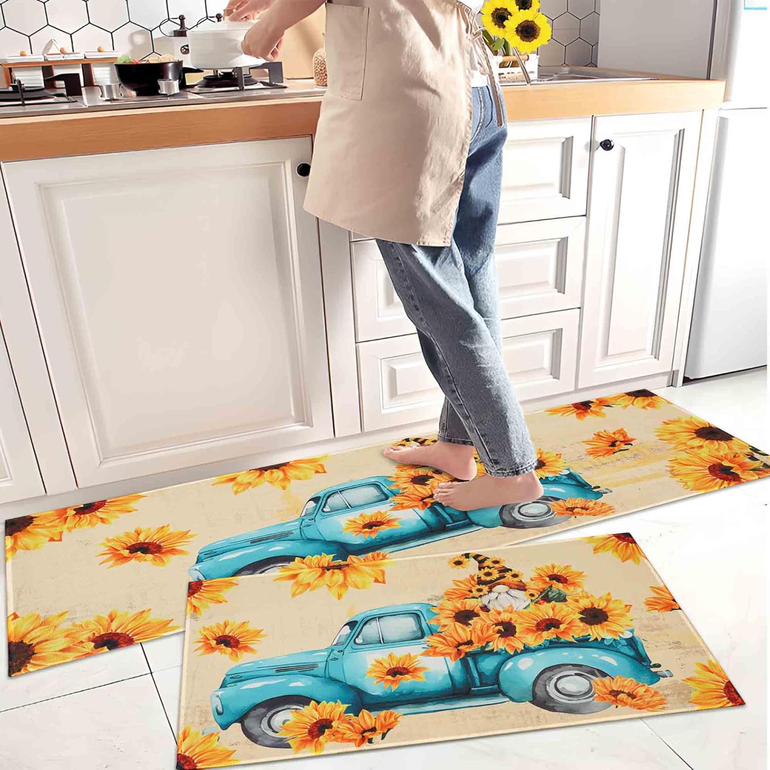 Sunflower Blue Vintage Truck Gnome Kitchen Rugs Set of 2, Water Absorbent Non Slip Farmhouse Kitchen Floor Mats, Runner Rug for Sink Laundry Room Decor, 17"x30"+17"x47"