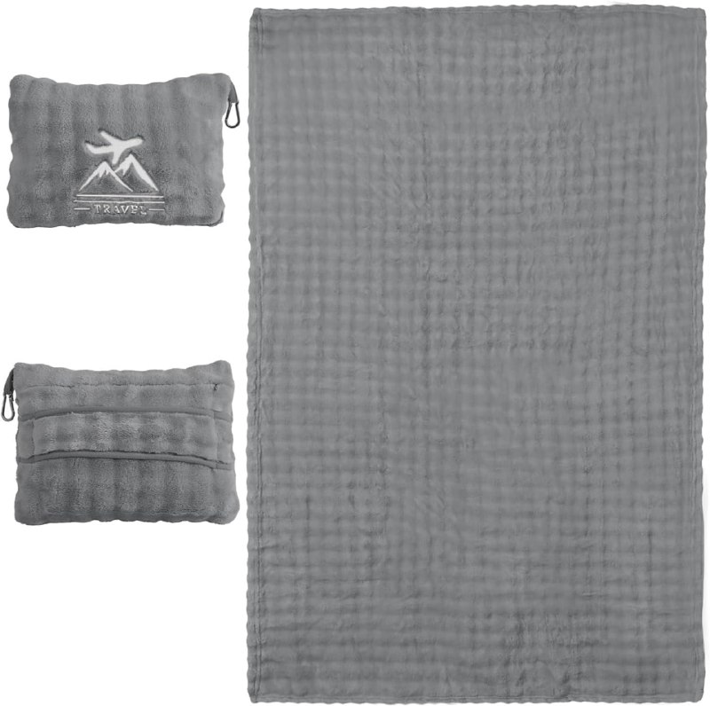 PR!CE DROP ( ) Travel Blanket and Pillow-2-in-1, Ultra-Soft&Compact,Airplane Blanket with Hand Luggage Belt and Backpack Clip,Travelers Accessories Gifts, 61x43 Inches(Gray)